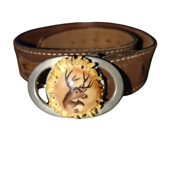Vintage Justin Belt Western Leather Brown Deer Antler Buckle Size 28 Fur Inlay - Picture 8 of 11